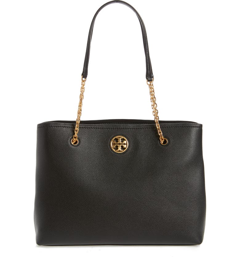 TORY BURCH Carson Leather Tote, Main, color, BLACK