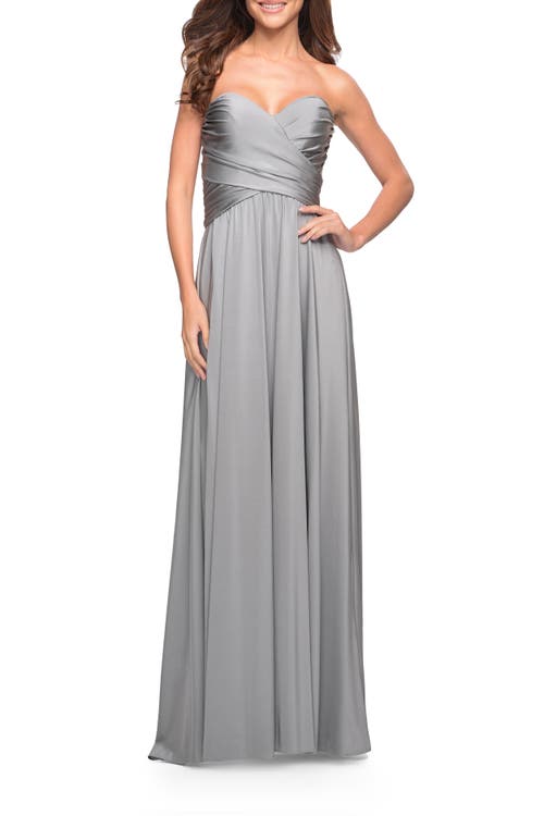 Shop La Femme Simple Strapless Jersey Dress With High Slit In Silver