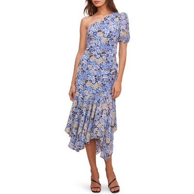 Astr The Label Santorini One Shoulder Asymmetrical Midi Dress, Blue