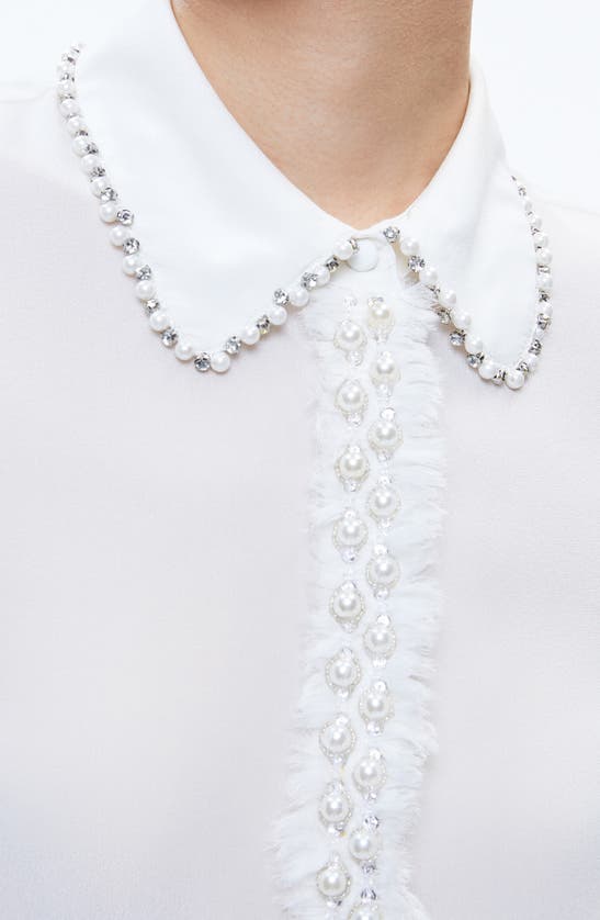 Shop Alice And Olivia Willa Imitation Pearl Embellished Silk Button-up Shirt In Off White