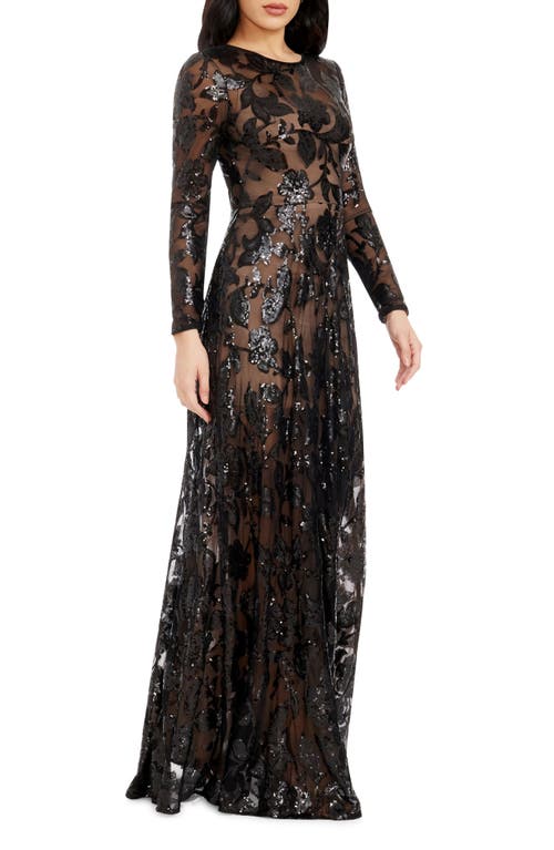 Shop Dress The Population Ava Sequin Floral Long Sleeve A-line Gown In Black-nude