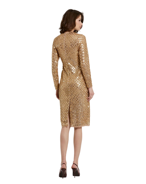 Shop Mac Duggal Beaded Georgette Long Sleeve Fitted Midi Dress In Antique Gold