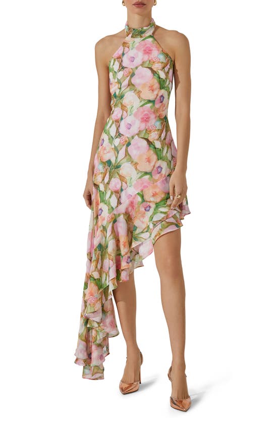 Shop Astr Floral Asymmetric Halter Dress In Pink Green Floral Abstract