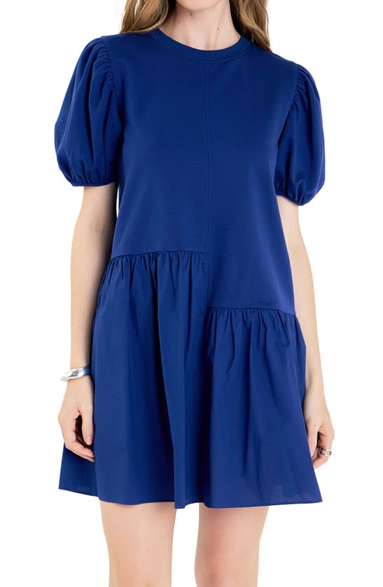 Shop English Factory Puff Shoulder Mixed Media Minidress In Cobalt Blue