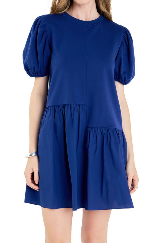 ENGLISH FACTORY ENGLISH FACTORY PUFF SHOULDER MIXED MEDIA MINIDRESS