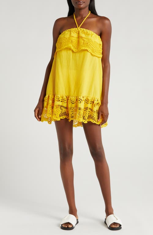 Shop Farm Rio Guipure Lace Halter Linen Blend Cover-up Minidress In Yellow