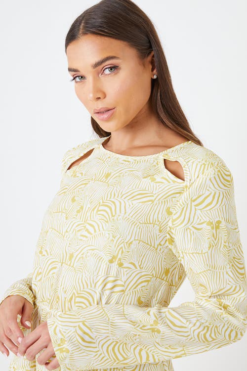 Shop Creea The Label Cutout Padded Shoulder Print Mini Dress In Yellow