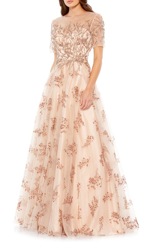 Shop Mac Duggal Embellished Illusion Sequin Gown In Champagne