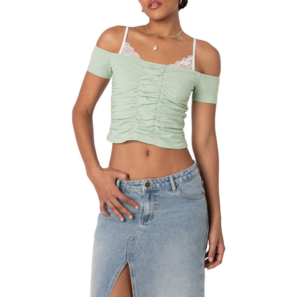 EDIKTED EDIKTED PEEKING LACE COLD SHOULDER RUCHED CROP TOP
