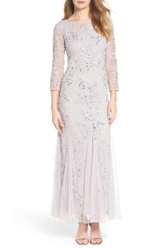 Pisarro Nights Illusion Sleeve Beaded A-line Gown In Silver