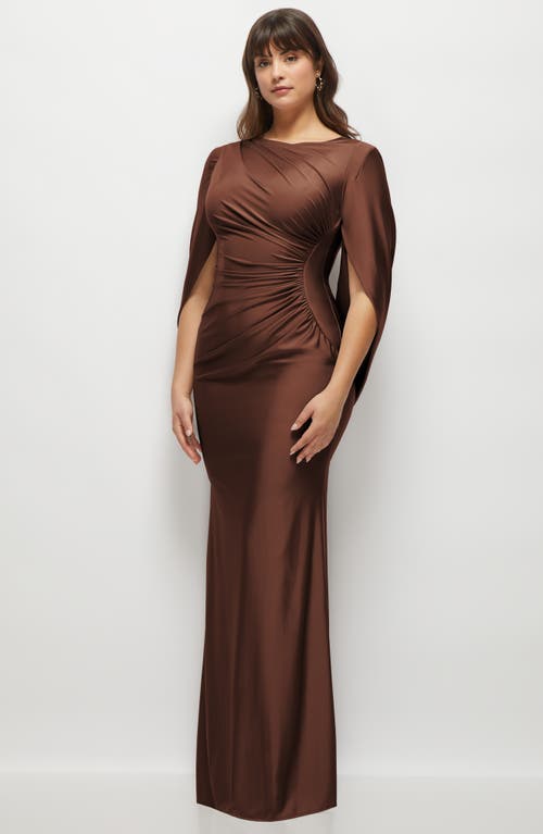 Shop After Six Cape Sleeve Satin Gown In Cognac