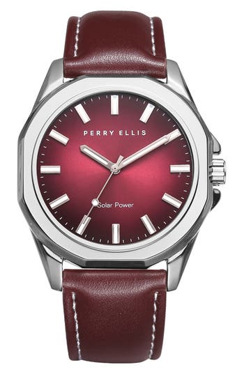 Perry Ellis Solar Powered 3-hand Quartz Leather Strap Watch, 41mm In Brown/silver