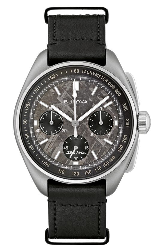 Shop Bulova Lunar Pilot Chronograph Leather Strap Watch, 43.5mm In Black/ Titanium-tone