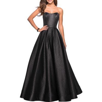 La Femme Strapless Shine Ballgown, Black