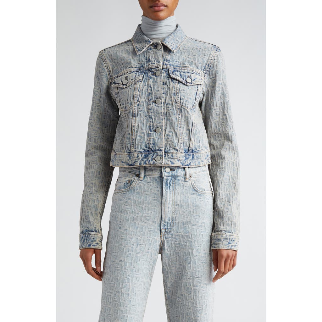 Acne Studios Monogram Jacquard Crop Denim Jacket In Blue/beige