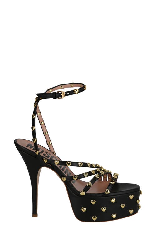Moschino Heart Studded Platform Heels Woman Sandals Black Size 8 Tanned Leather In Black