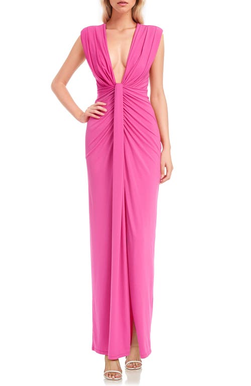 Ruched Plunge Neck Gown in Pink