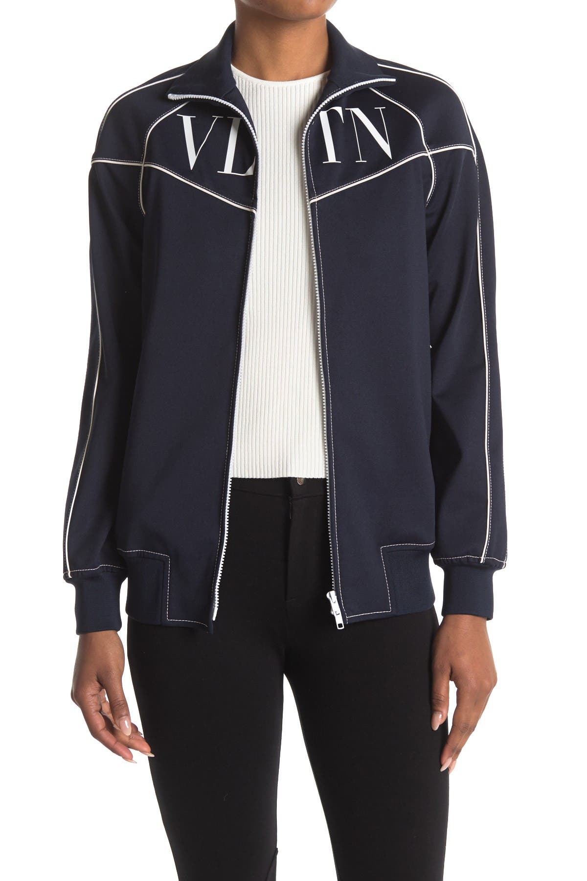 Valentino Donna Contrast Stitching Logo Zip Jacket In Navy
