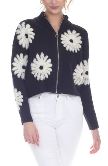 Rain And Rose Flower Pop Zip Cardigan In Black