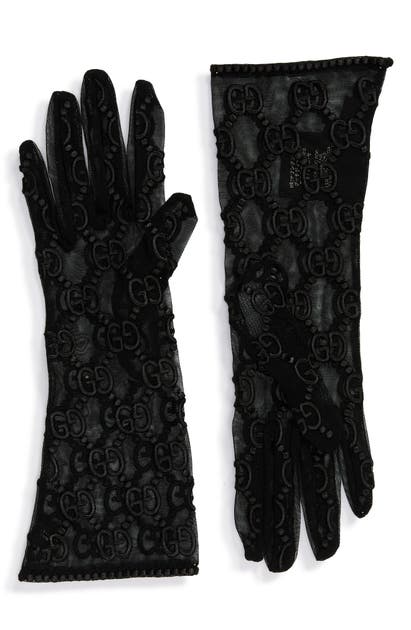 GUCCI GG EMBROIDERY LACE TULLE GLOVES,5396453SB32