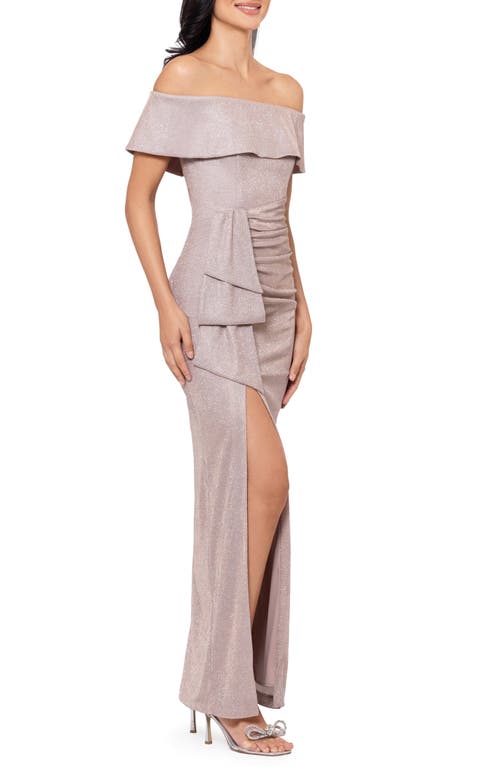 Xscape Evenings Metallic Ruffle Off The Shoulder Sheath Gown In Blush/silver