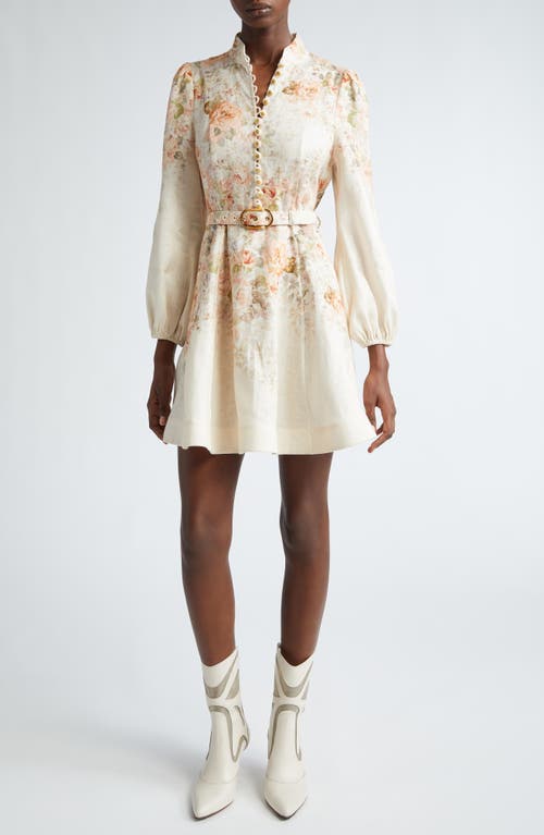 Shop Zimmermann Illustration Floral Long Sleeve Belted Linen Minidress In Cream Rococo Floral