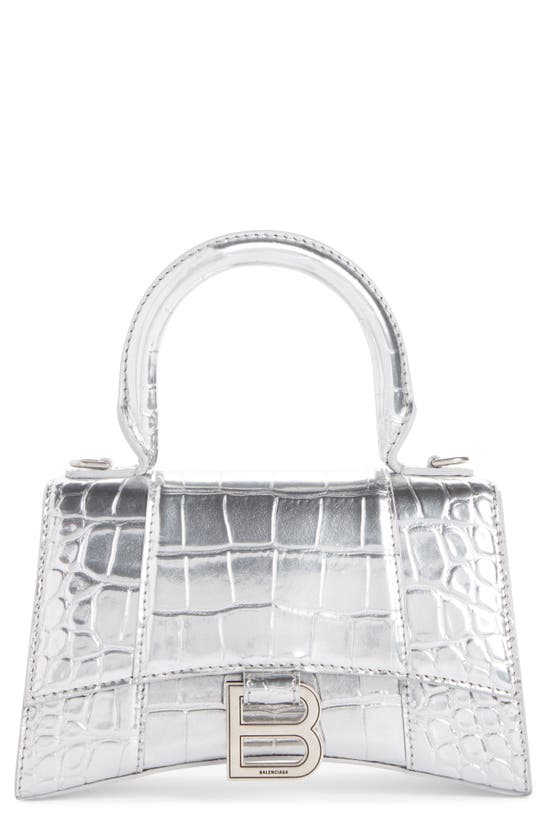 Balenciaga Extra Small Hourglass Croc Embossed Leather Top Handle Bag In Silver
