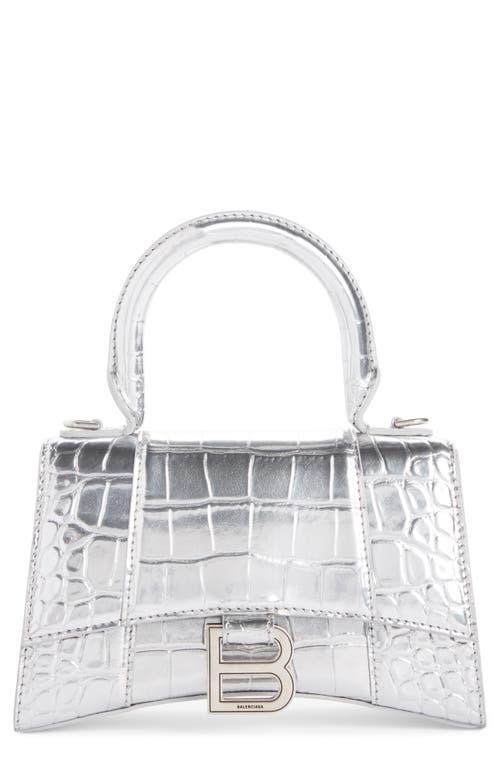 Balenciaga Extra Small Hourglass Croc Embossed Leather Top Handle Bag in Silver at Nordstrom