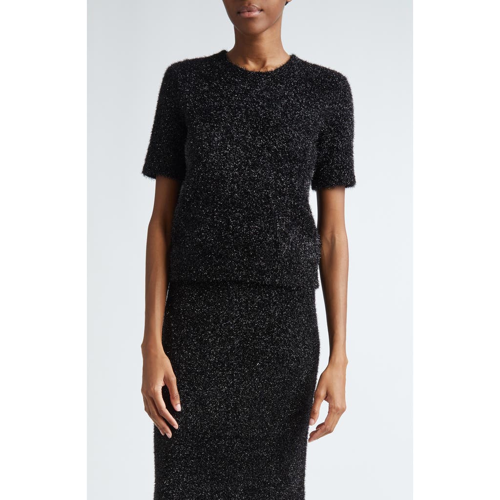 Lela Rose Tinsel Short Sleeve Sweater in Black