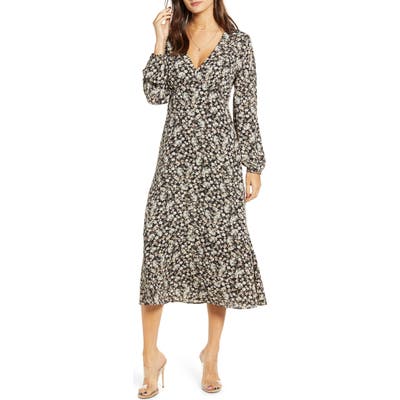 All In Favor Floral Balloon Sleeve Midi Dress, Black