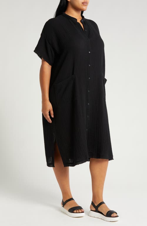 Shop Eileen Fisher Mandarin Collar Organic Cotton Midi Shirtdress In Black