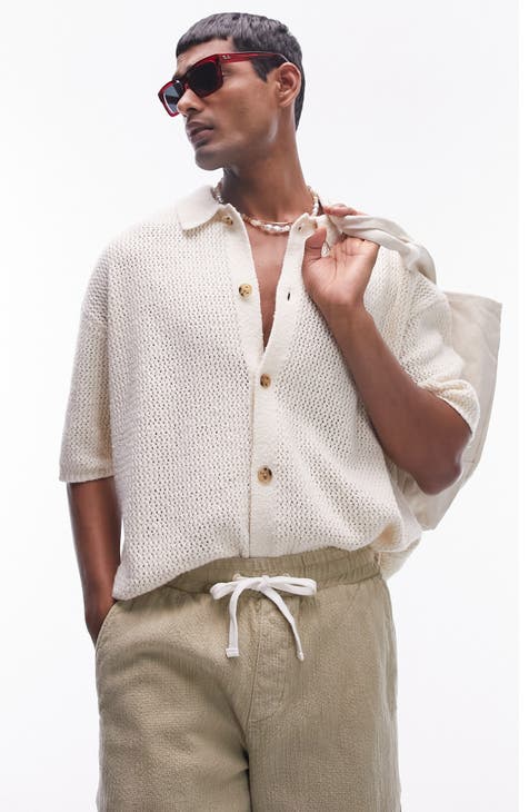 Textured Knit Short Sleeve Button-Up Shirt