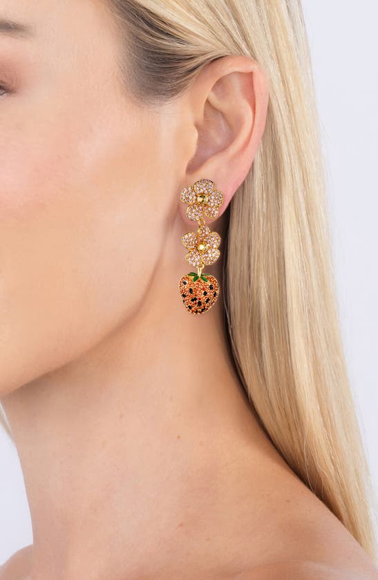Shop Eye Candy Los Angeles Juicy Strawberry Pavé Cubic Zirconia Drop Earrings In Gold/red
