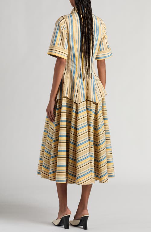 Shop Bottega Veneta Optical Crinkle Check Cotton Midi Shirtdress In Yellow/blue/black