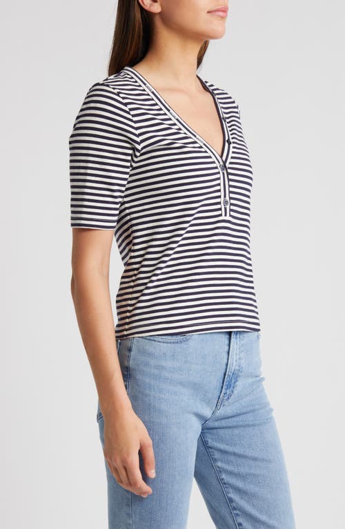 Shop Frame Asymmetric Button Stripe Stretch Organic Cotton Henley In Navy Multi