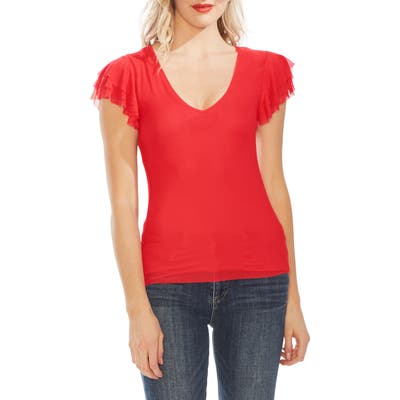 Vince Camuto Tier Ruffle Sleeve Mesh Top, Red