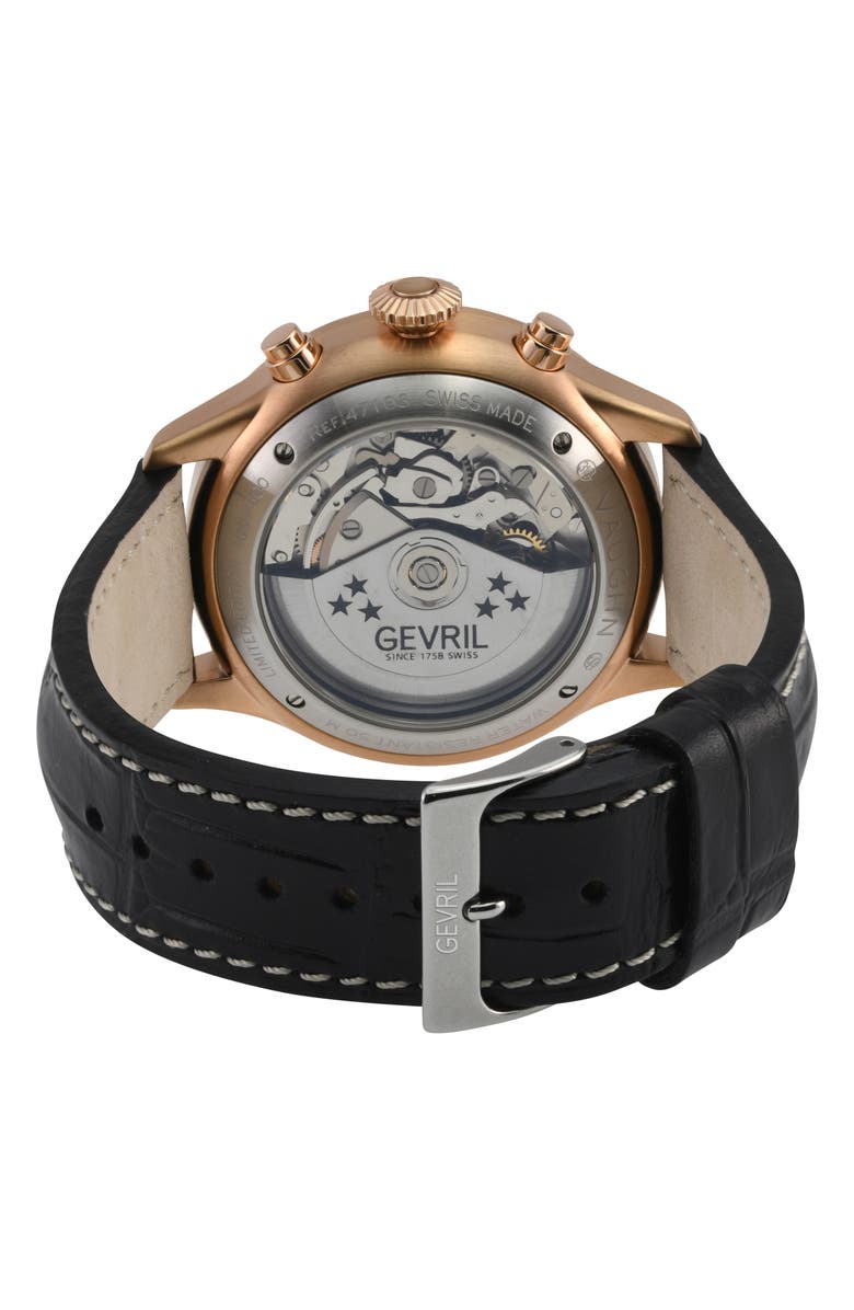 GEVRIL Vaughn Automatic Chronograph Leather Strap Watch, 44mm
