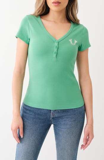 True Religion Brand Jeans Rhinestone Logo Rib Henley T-shirt In Green