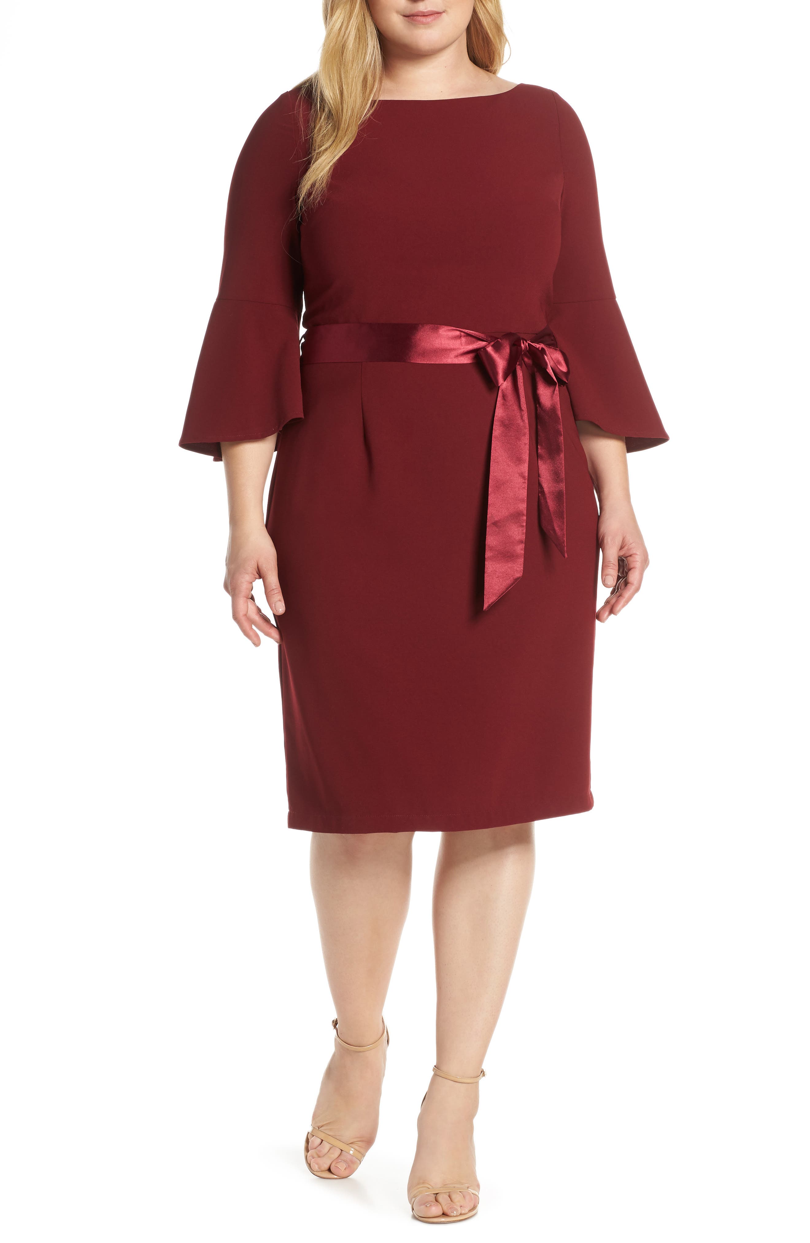 Plus Size Chi Chi London Maddi Satin Sash Cocktail Dress, Burgundy