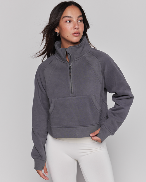 Shop Rebody Active Effortless Fleece Crop Half Zip Sweatshirt In Smoke