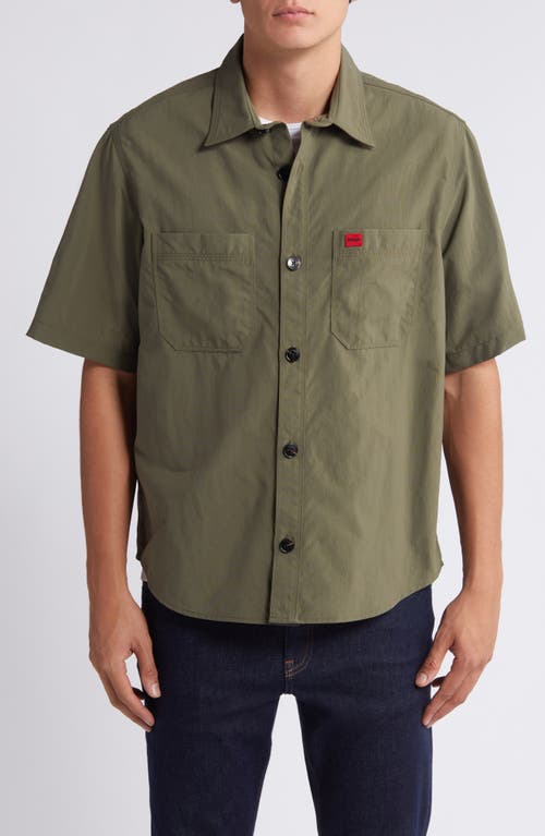 Shop Hugo Eratino Solid Short Sleeve Nylon Button-up Shirt In Dark Beige