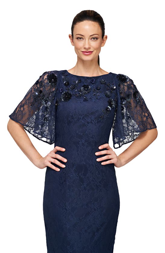 Shop Js Collections Kalani Embellished Lace Gown In Navy