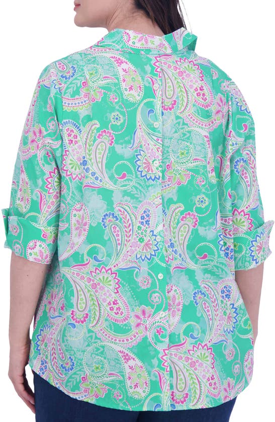 Shop Foxcroft Therese Paisley Cotton Split Back Popover Shirt In Green Multi