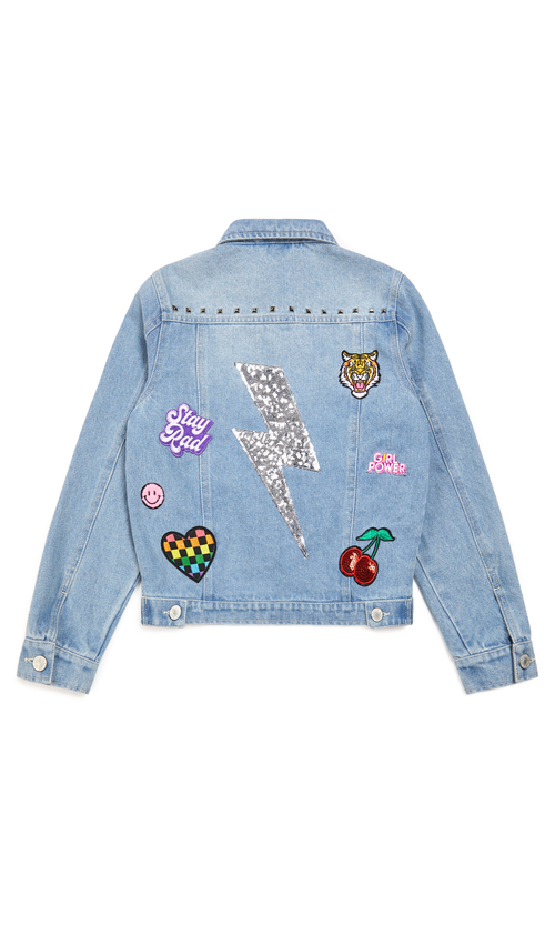 Little Chicken Girls' Jeweled Patched Denim Jacket, Little Kid, Big Kid In Light Denim