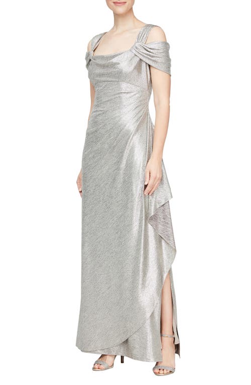 Alex Evenings Cold Shoulder Cowl Neck Metallic Gown in Champagne at Nordstrom, Size 10
