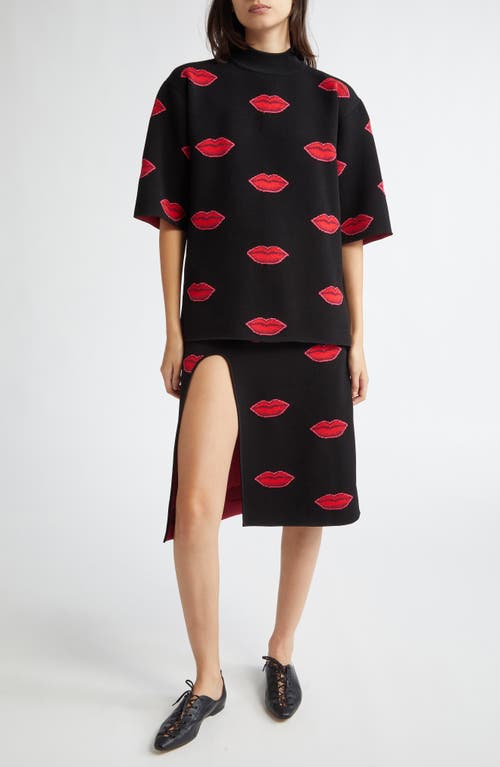 Shop Stella Mccartney Lips Jacquard Mock Neck Sweater In Black/red