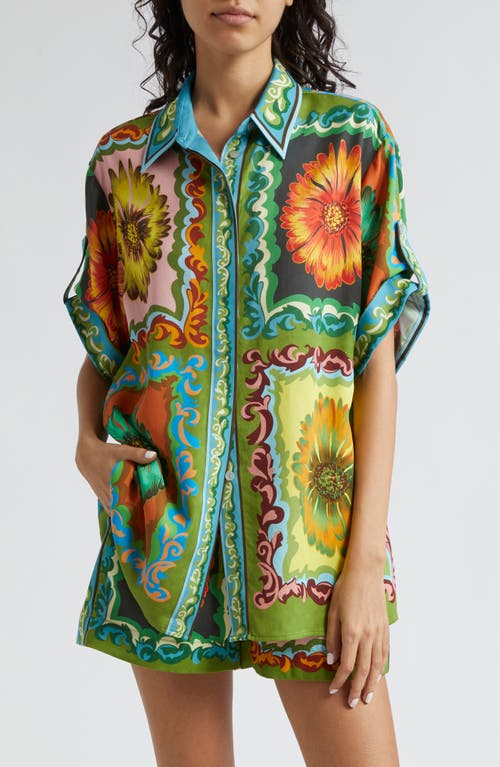 ALEMAIS Disco Daisy Short Sleeve Button-Up Shirt Green Multi at Nordstrom,