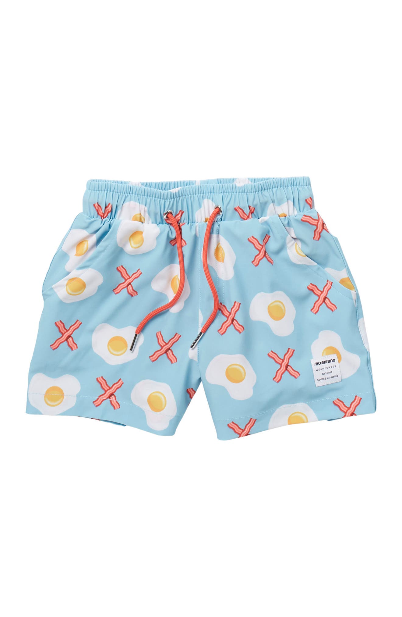Mosmann Australia Kids' Bacon & Egg Swim Trunks In Sky Blue
