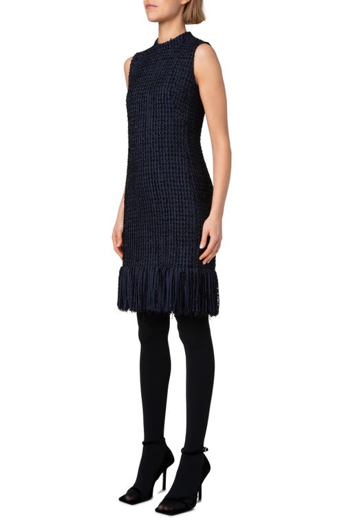 Akris Punto Chunky Tweed Sheath Dress With Fringed Hem In Navy