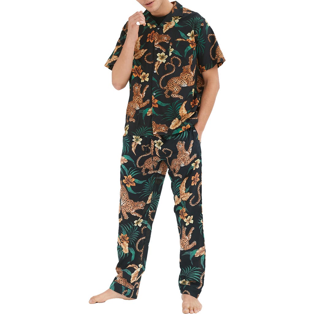 Desmond & Dempsey Cheetah Print Short Sleeve Cotton Pajamas In Black/yellow